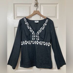 LOFT Linen Black White Floral Embroidered Long Sleeve Blouse Gypsy Peasant Boho